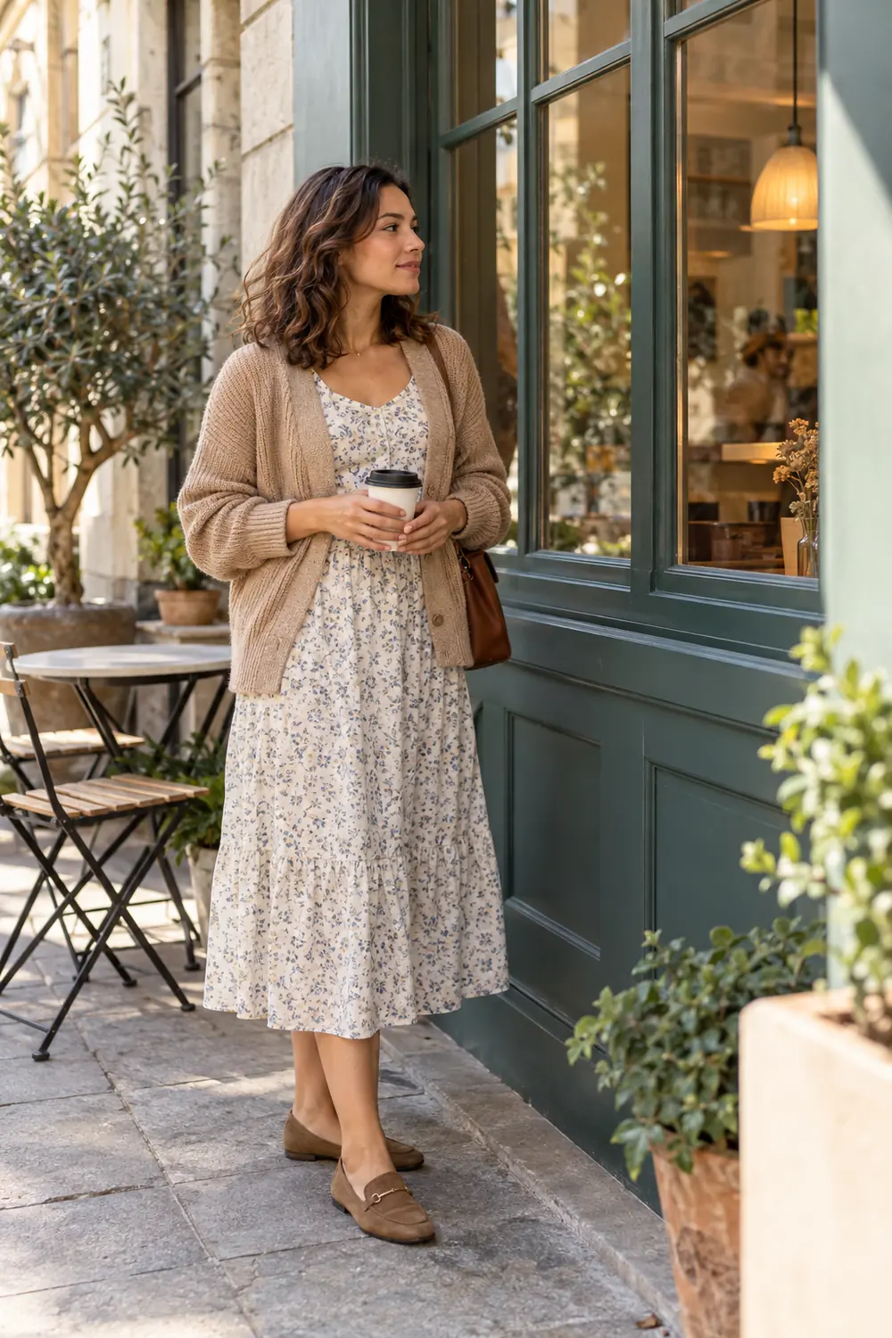 Adult woman in a patterned midi dress and cardigan stands beside a cafe window holding a takeaway cup.