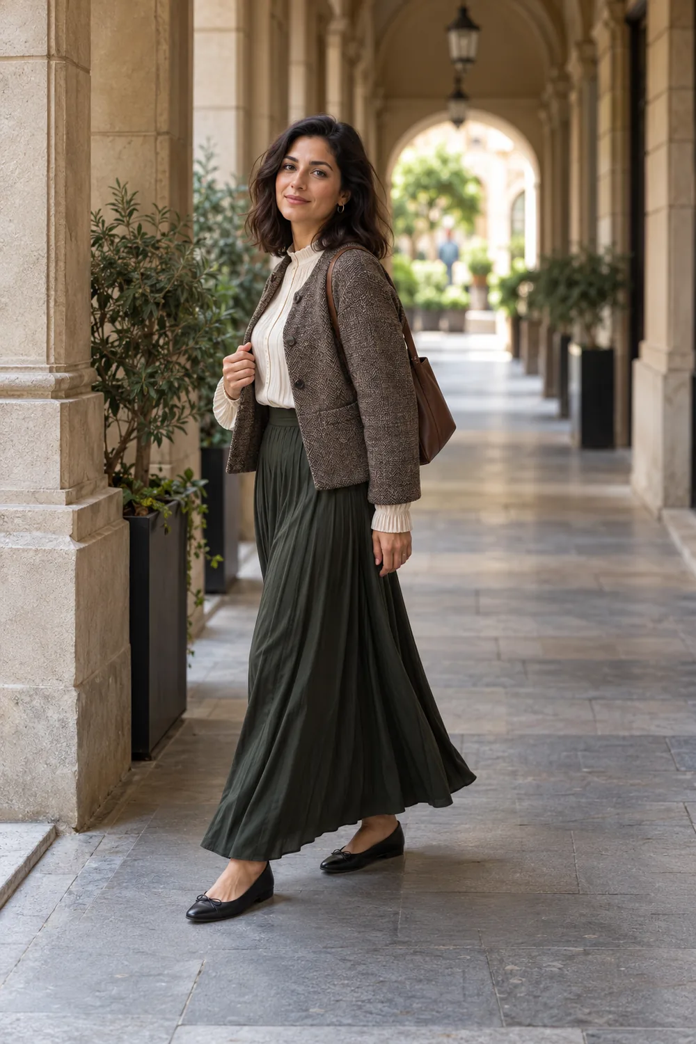 Adult woman in a blouse, jacket, long skirt, and flats turning toward the camera in a covered stone city walkway.