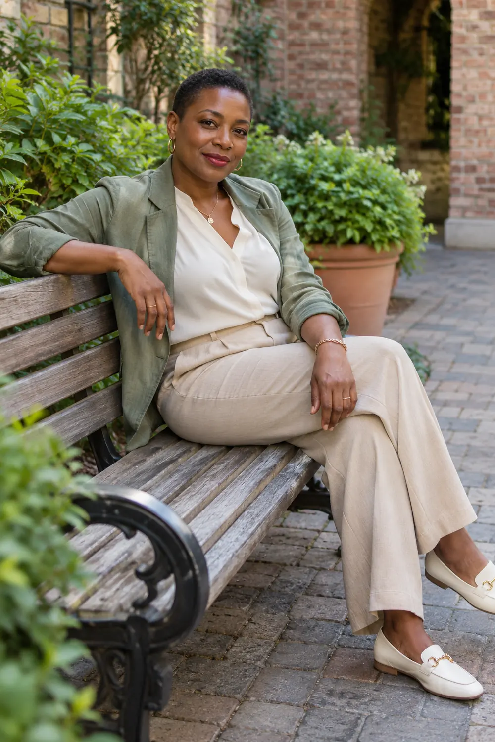 Adult woman in a light jacket and pale trousers seated sideways on a bench in a leafy brick courtyard.
