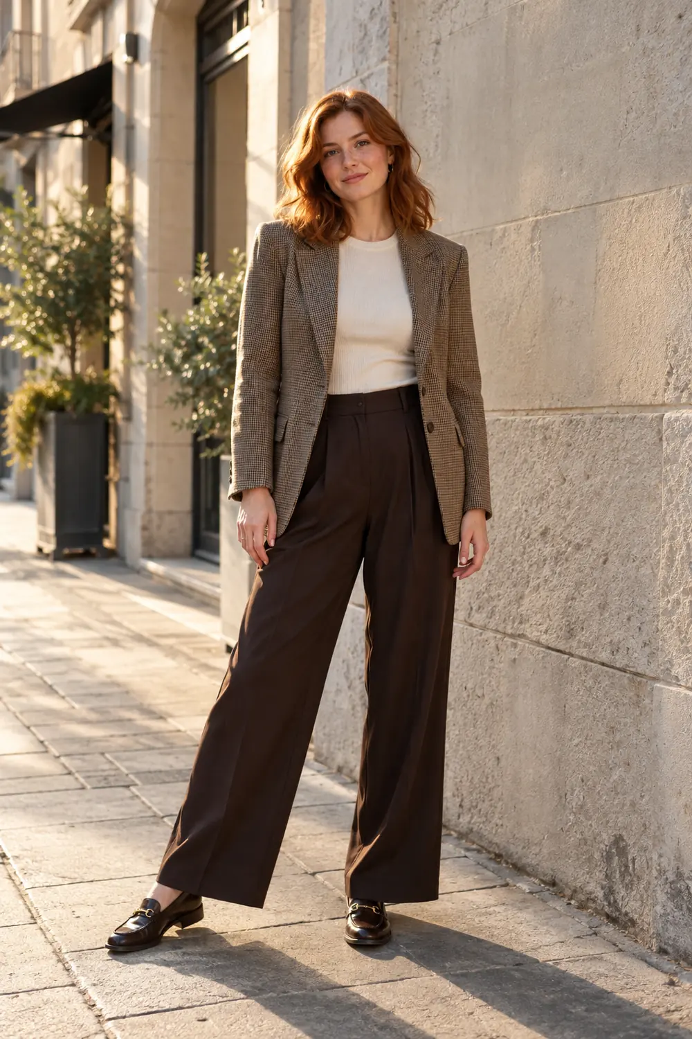 Full-length portrait of a freckled auburn-haired woman in a checked blazer, cream top, wide-leg trousers, and loafers beside a sunlit blank city wall.