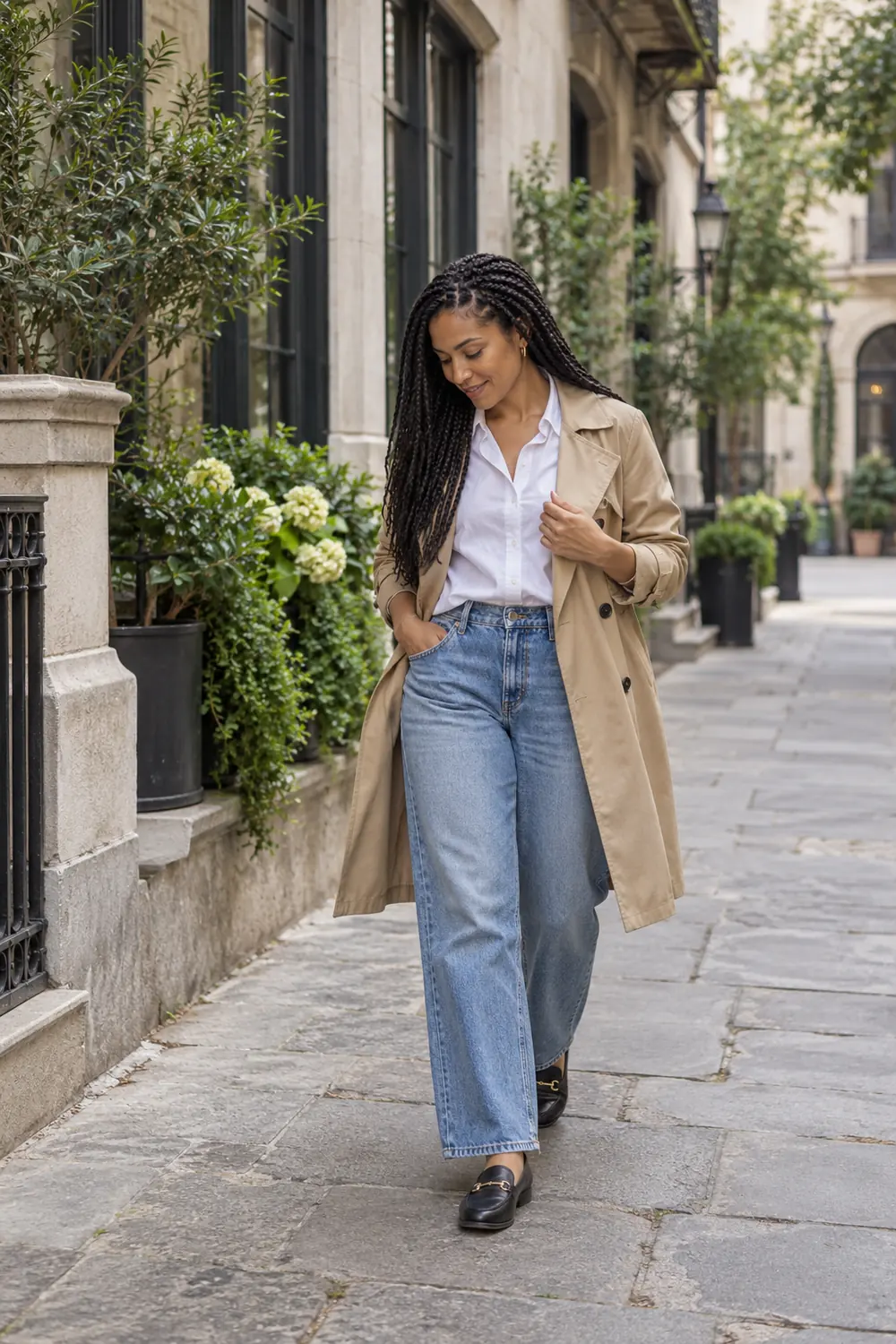 A woman with long dark braids steps along an empty stone sidewalk in a trench coat, white shirt, relaxed jeans, and flat shoes.