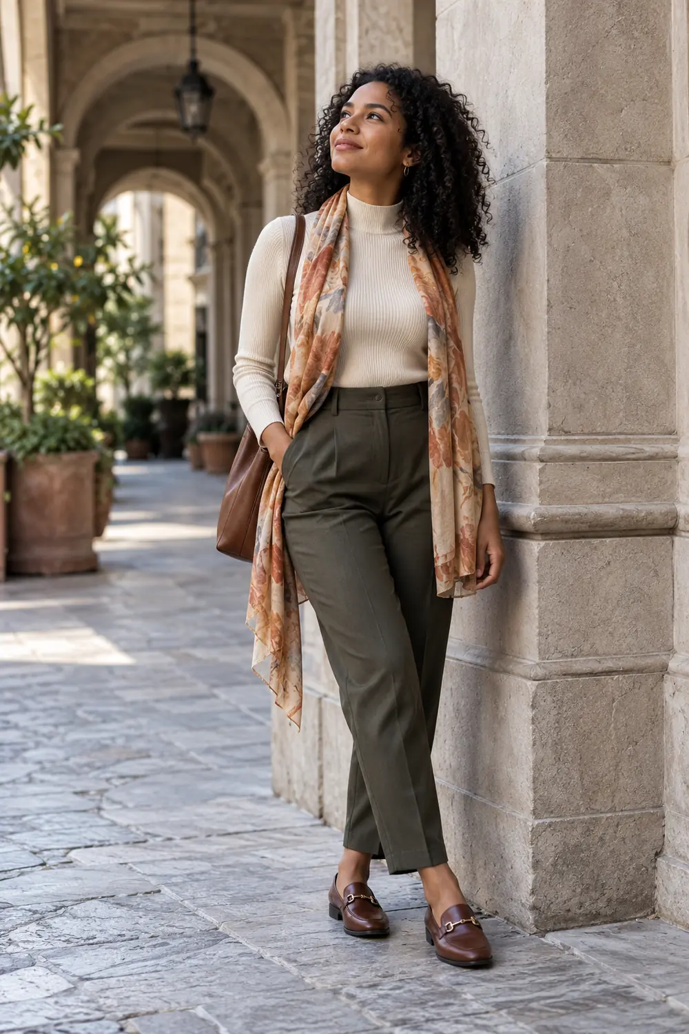 Adult woman with natural curls looking upward beside a pale stone column in a quiet covered city walkway.
