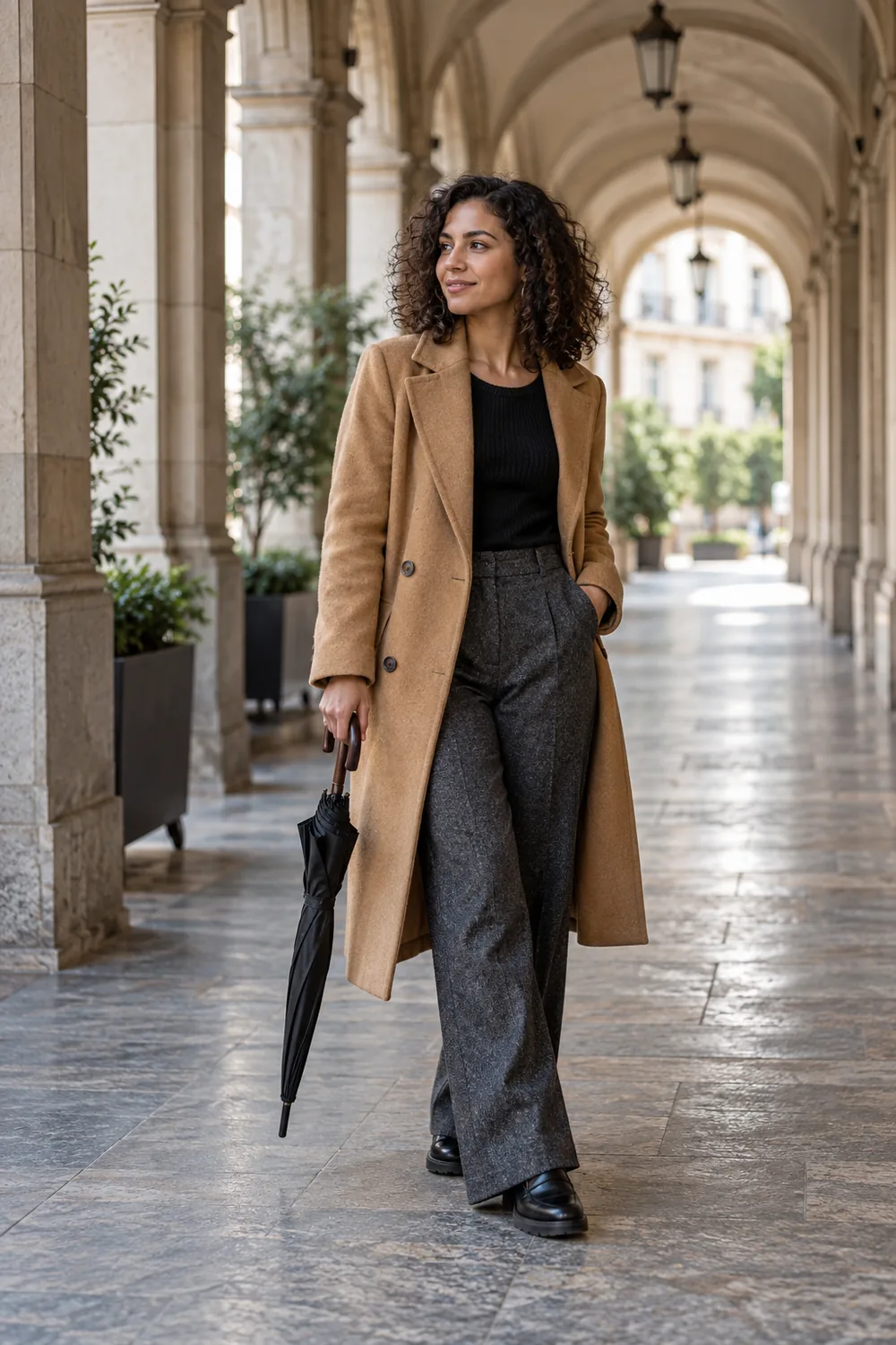 Adult woman with curly hair in a camel coat stands beneath a stone arcade holding a closed black umbrella.