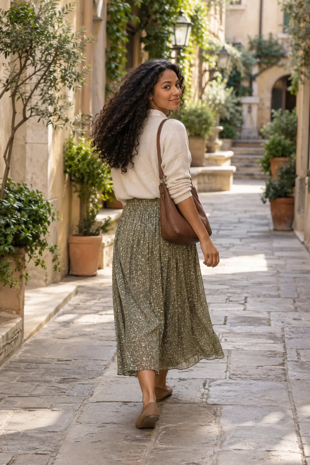 A woman with long dark curls walks away through a stone courtyard, turning her head toward the camera, wearing a cream cardigan, flowing patterned skirt, flat shoes, and a plain shoulder bag.