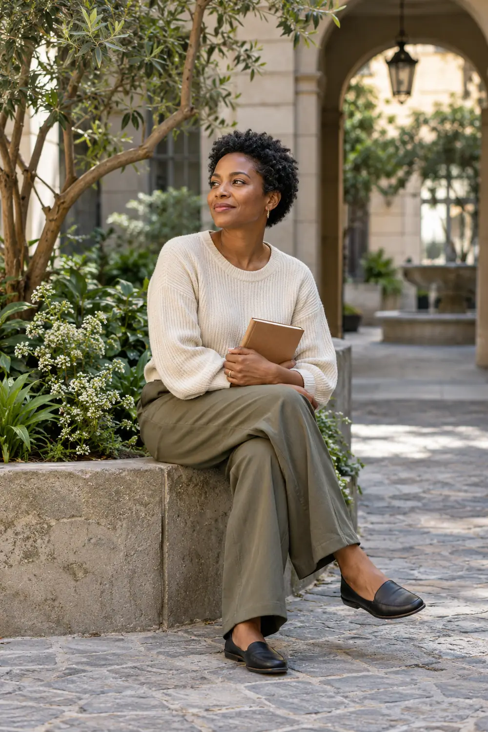 Adult woman in a cream knit top and loose olive trousers sitting on a low stone planter edge, holding a notebook in a leafy courtyard.