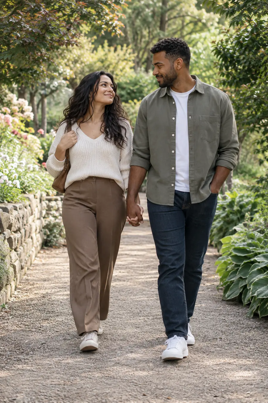 Two adult partners walking hand in hand on a leafy garden path, looking at each other in soft daylight.