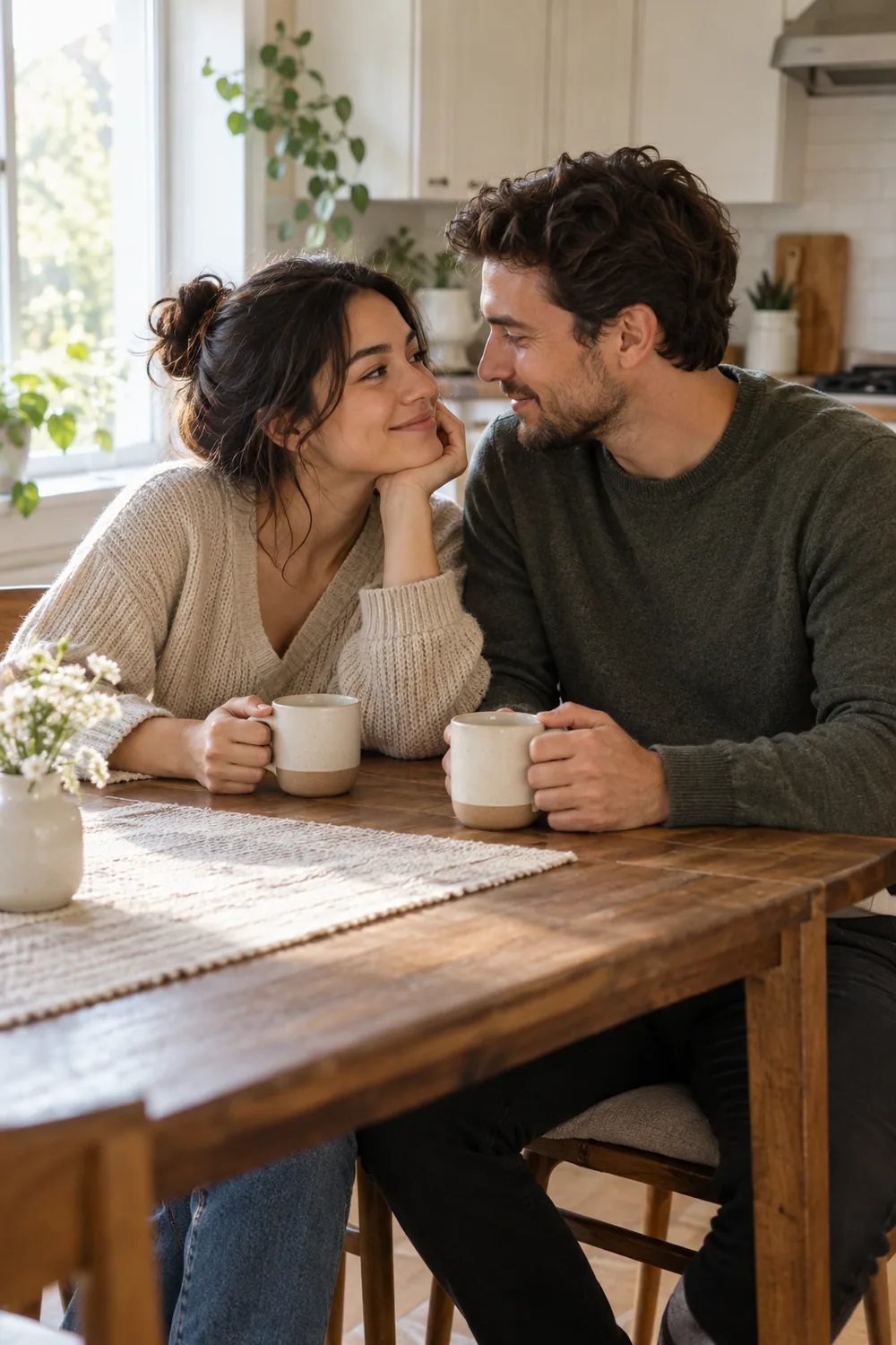 Two adults in knit sweaters sit close at a kitchen table with plain mugs, smiling at each other in soft window light.