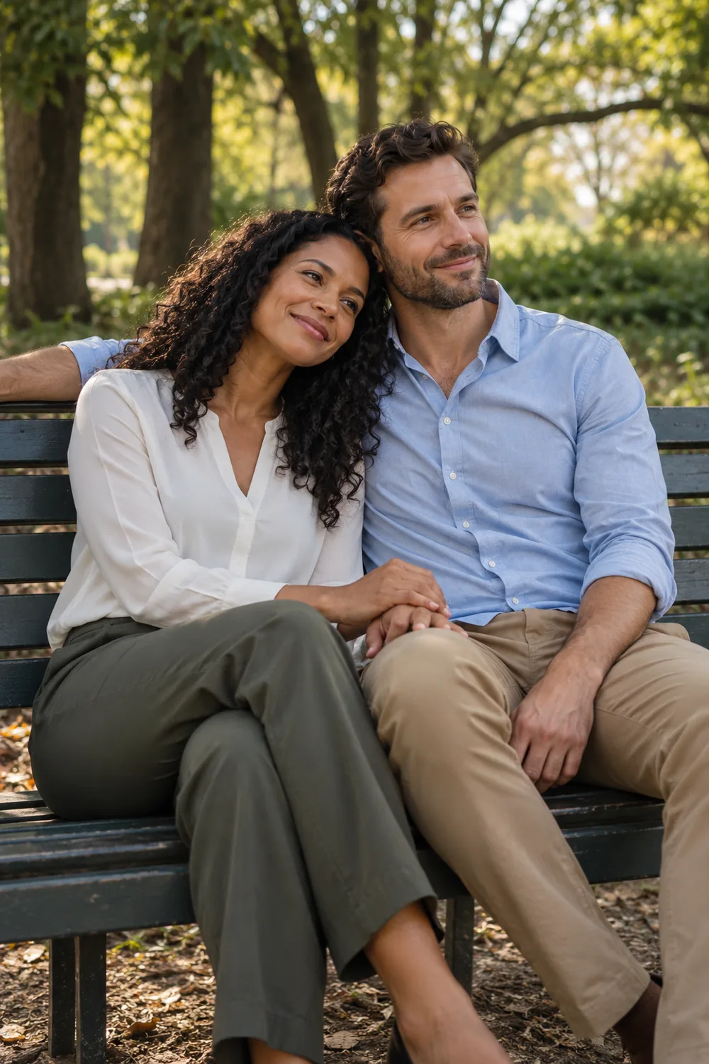 A woman in a white blouse and dark trousers sits close to a man in a blue collared shirt and chinos on a park bench, with trees softly blurred behind them.