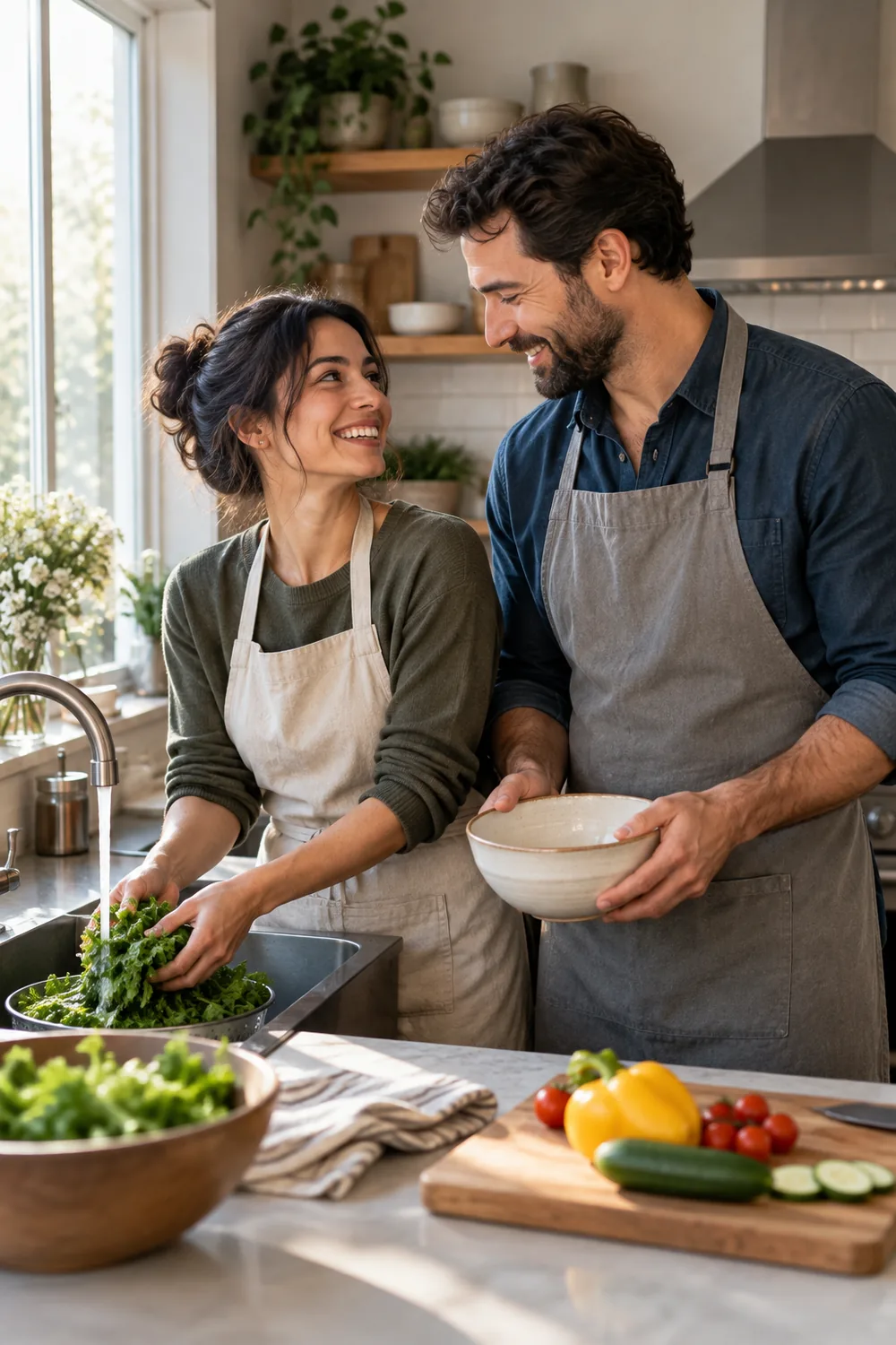 Two adults in plain aprons smile at each other while rinsing leafy greens and holding a bowl in a bright kitchen.