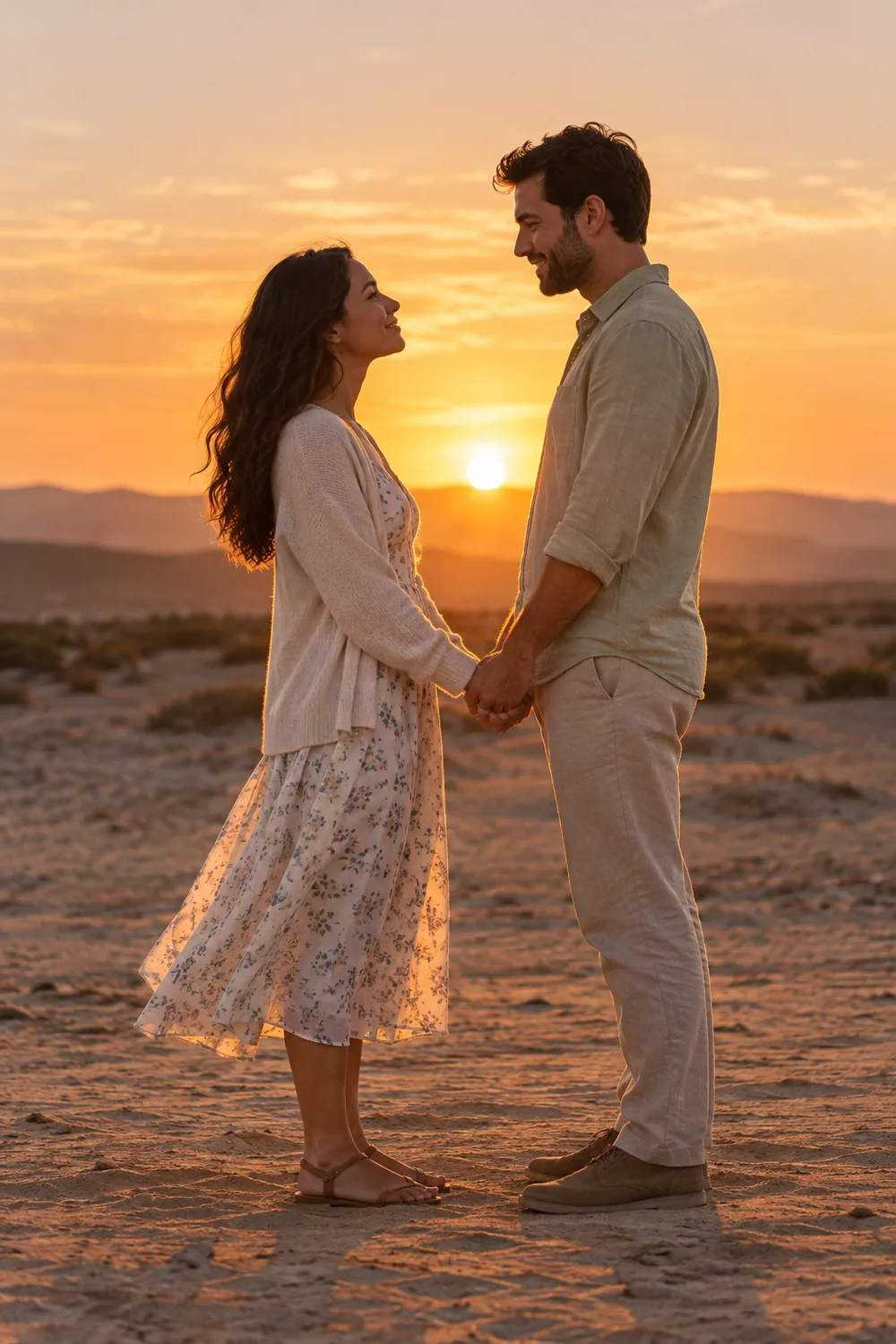 A couple stands hand in hand facing each other on level sandy ground at sunset, wearing relaxed linen and a flowing dress with cardigan.