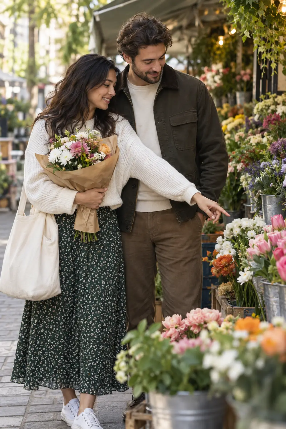 A couple browsing an outdoor flower stall together; one carries a bouquet and canvas tote while the other points to a flower.