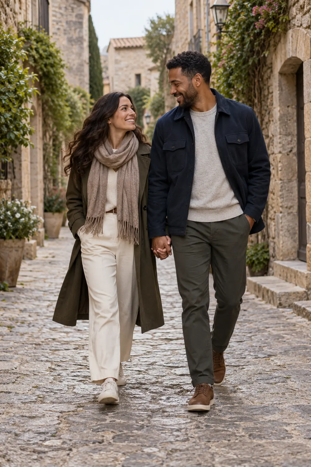 An adult couple in layered casual outfits strolling hand in hand on a stone lane between old façades.