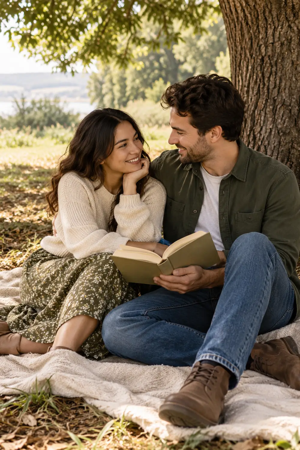 Two adults sit close together on a blanket beneath a tree, smiling at each other as they share an open book.