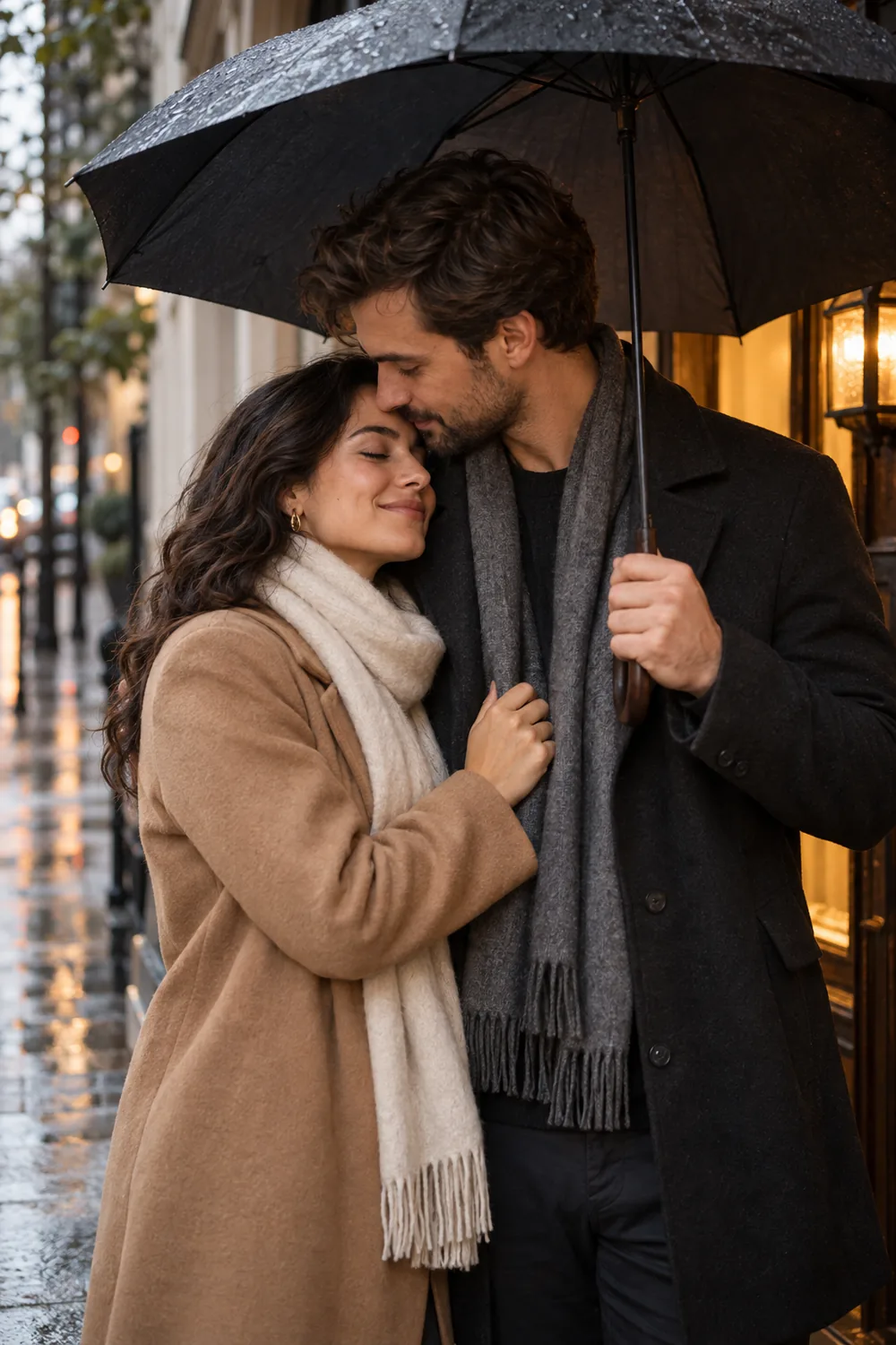Two adults in coats and scarves share a gentle embrace beneath a black umbrella beside a warmly lit doorway on a rainy street.