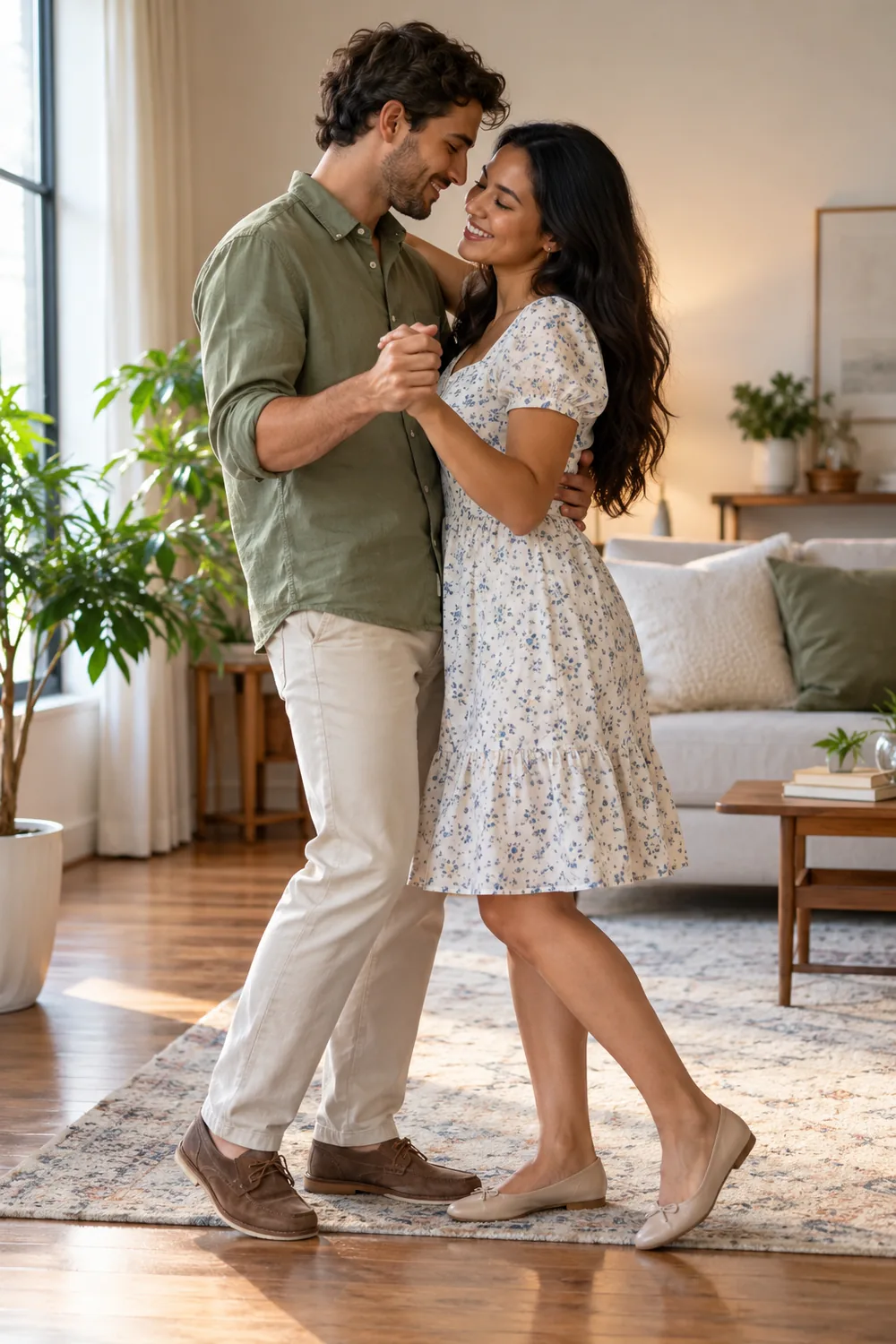 An adult couple gently dancing together in a bright living room, holding hands in soft window light.