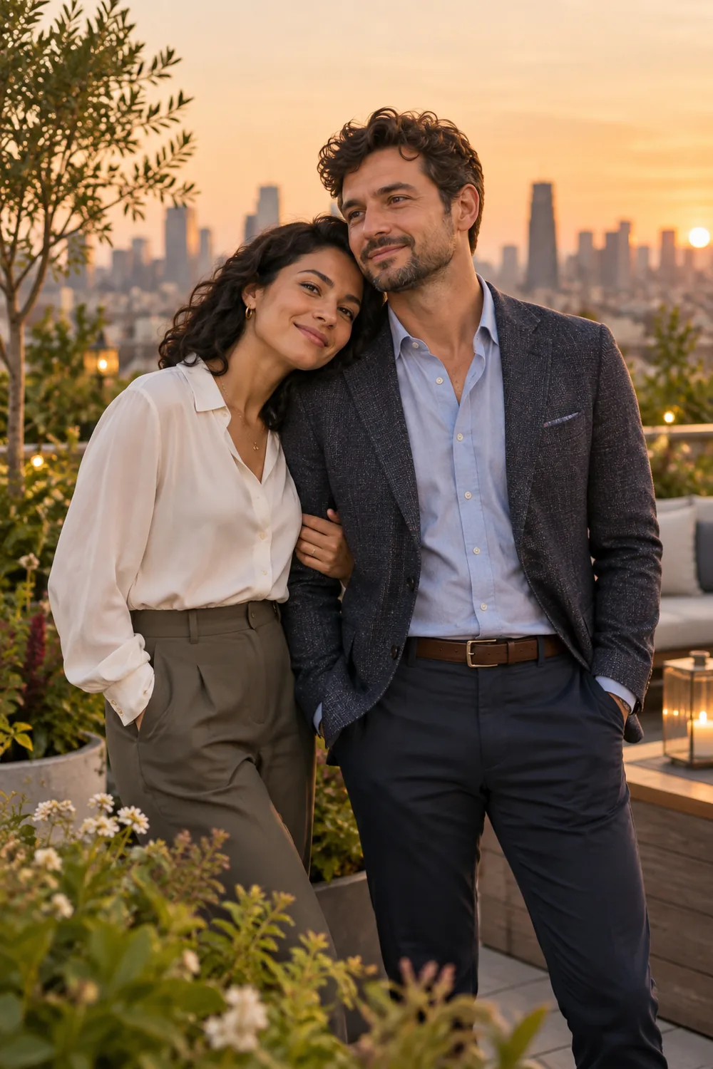 An adult couple in smart casual outfits standing close among rooftop garden plants at sunset, with a softly blurred city skyline behind them.