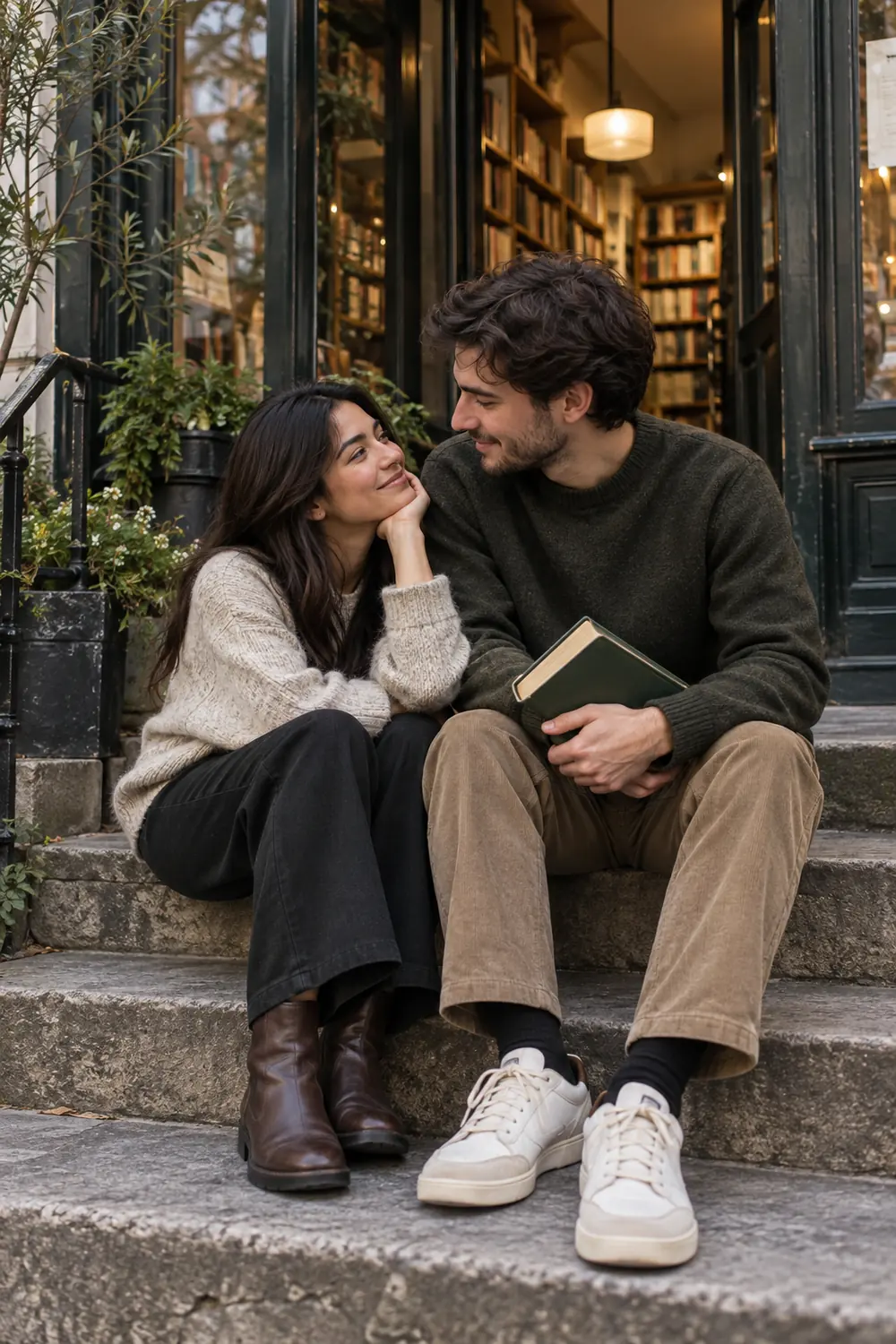 Two adults sit close on broad steps outside a bookshop; one holds a closed book as the other leans toward them.