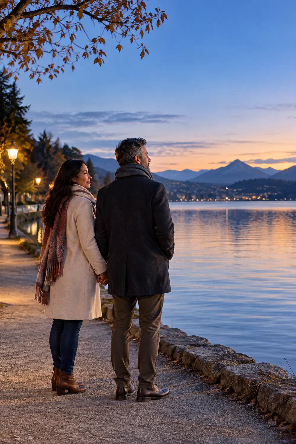 A woman and man in warm coats hold hands on a lakeside path, looking toward the sunset over the water and distant mountains.