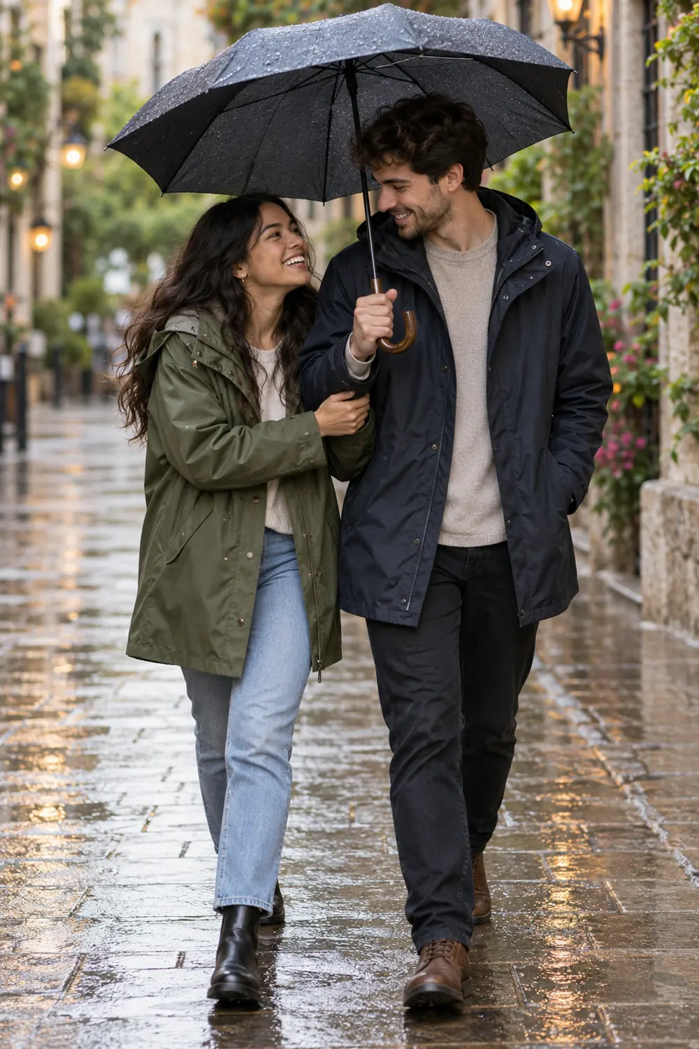 Two adults in raincoats laughing together beneath one umbrella on a wet pedestrian street.