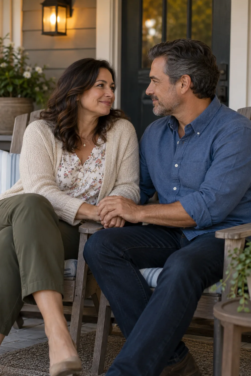 An adult couple sitting angled toward each other in porch chairs, their hands joined between them, with a doorway and a small potted plant nearby.