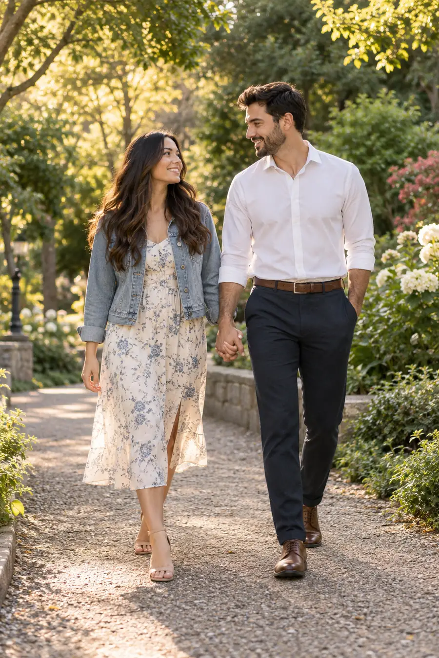 A couple in a floral midi dress and denim jacket and a white shirt with dark trousers walk hand in hand on a leafy garden path in warm evening light.
