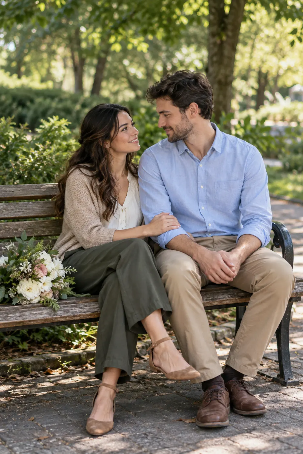 Two adults in smart casual clothes sit close together on a wooden park bench, with one partner holding the other's forearm and a bouquet beside them.