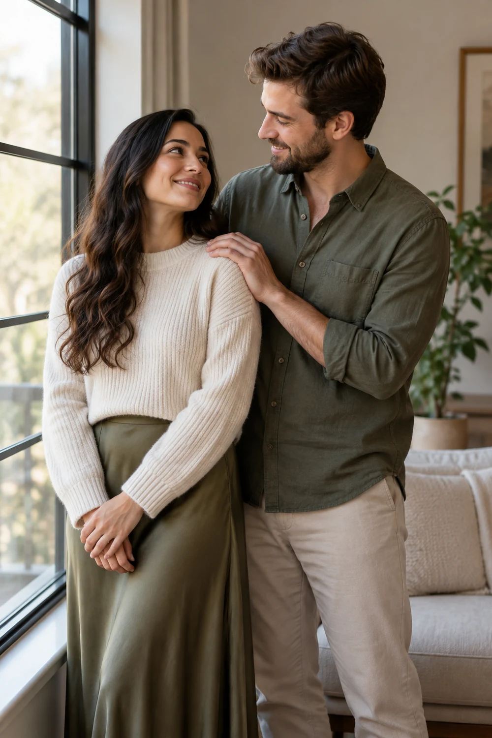 Two adults smile at each other beside a large home window; one rests a hand on the other's shoulder, with a potted plant and sofa in the background.