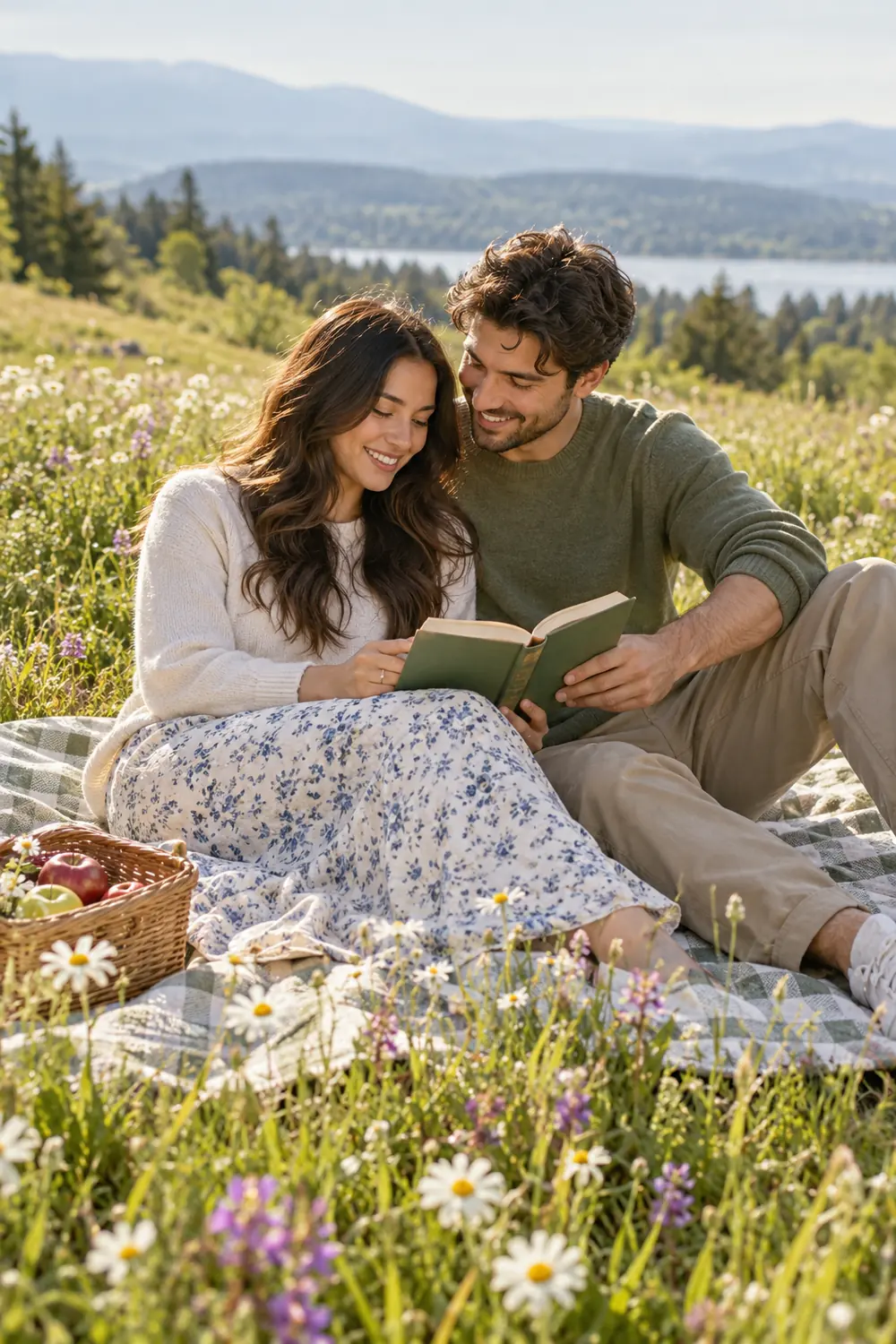 Two adults seated close together on a checked blanket in a flowered meadow, sharing a book beside a fruit basket.