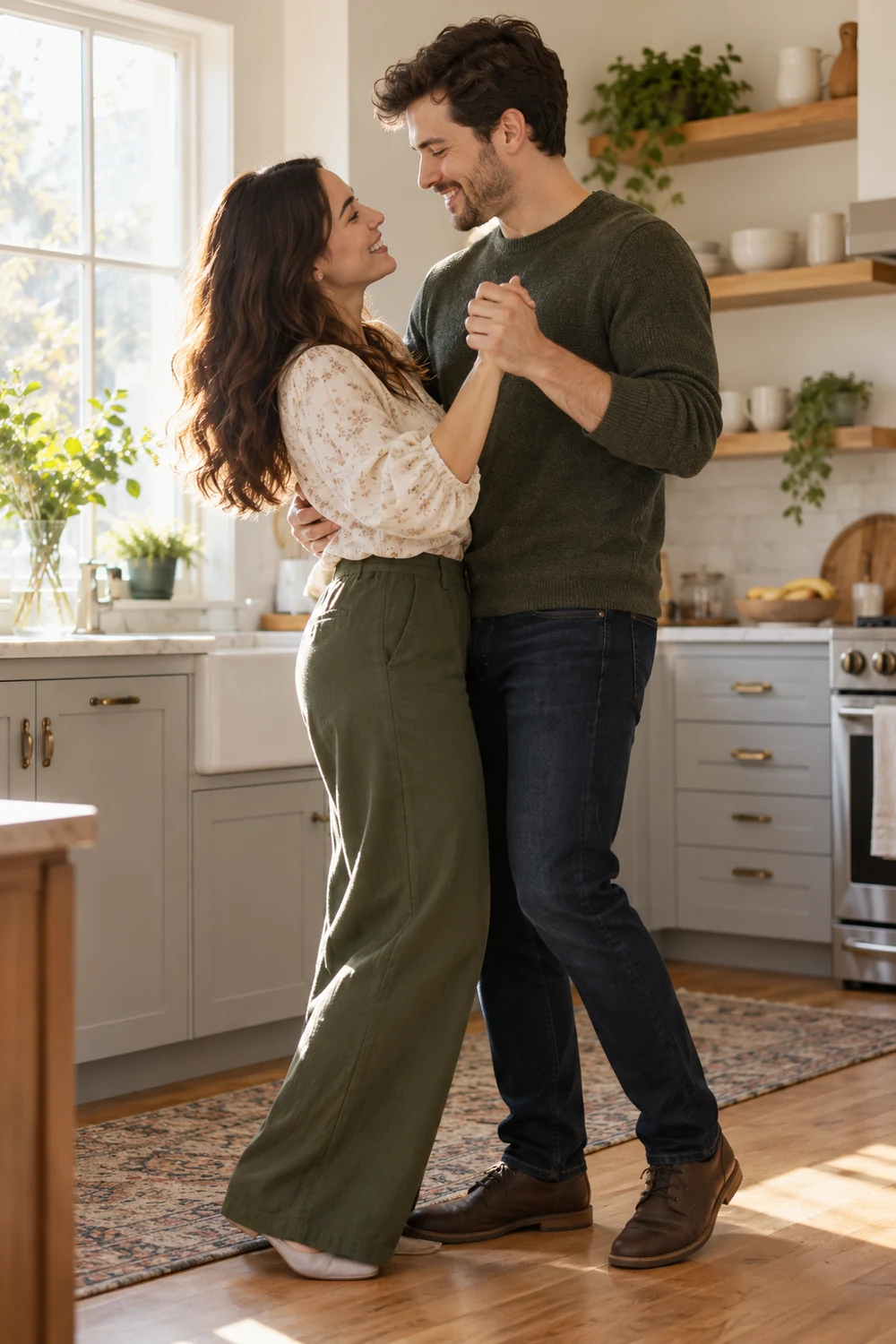 Two smiling adult partners dance hand in hand in a bright, tidy kitchen, framed head to toe beside a simple counter.