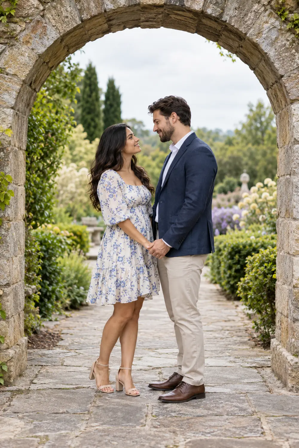 A couple holding hands beneath a stone garden arch on a paved path, dressed for an engagement photoshoot in soft daylight.