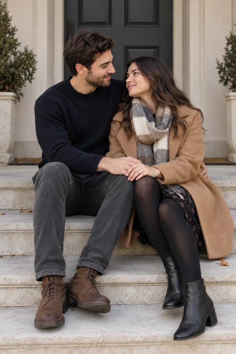 Two adults in cool-weather clothes sit together on broad stone front steps, leaning toward each other with their hands gently overlapped on one knee.