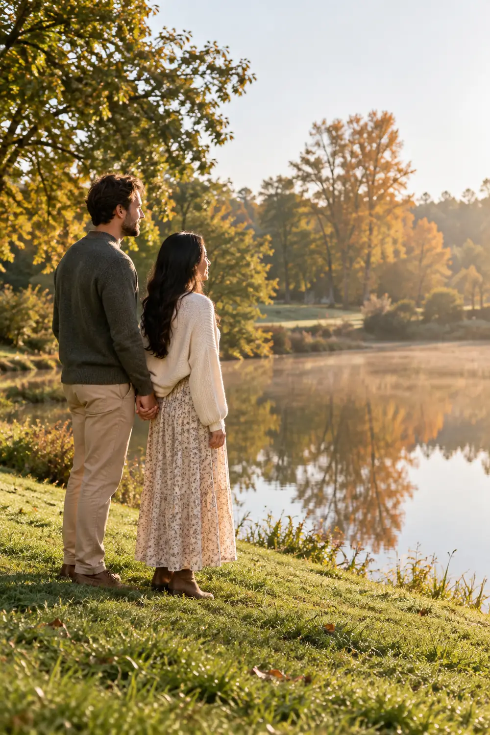 A couple holding hands on a grassy bank, looking toward a calm pond and its reflection in warm morning light.