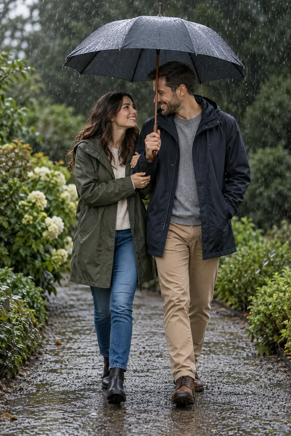 Two adults in raincoats smile at each other while walking beneath a dark umbrella on a garden path in the rain.