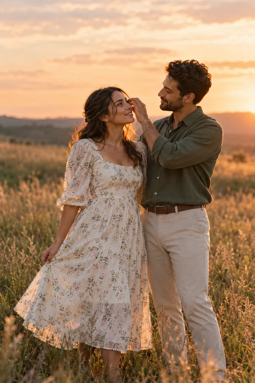 One partner gently brushes hair from the other's face in a softly lit field at sunset.