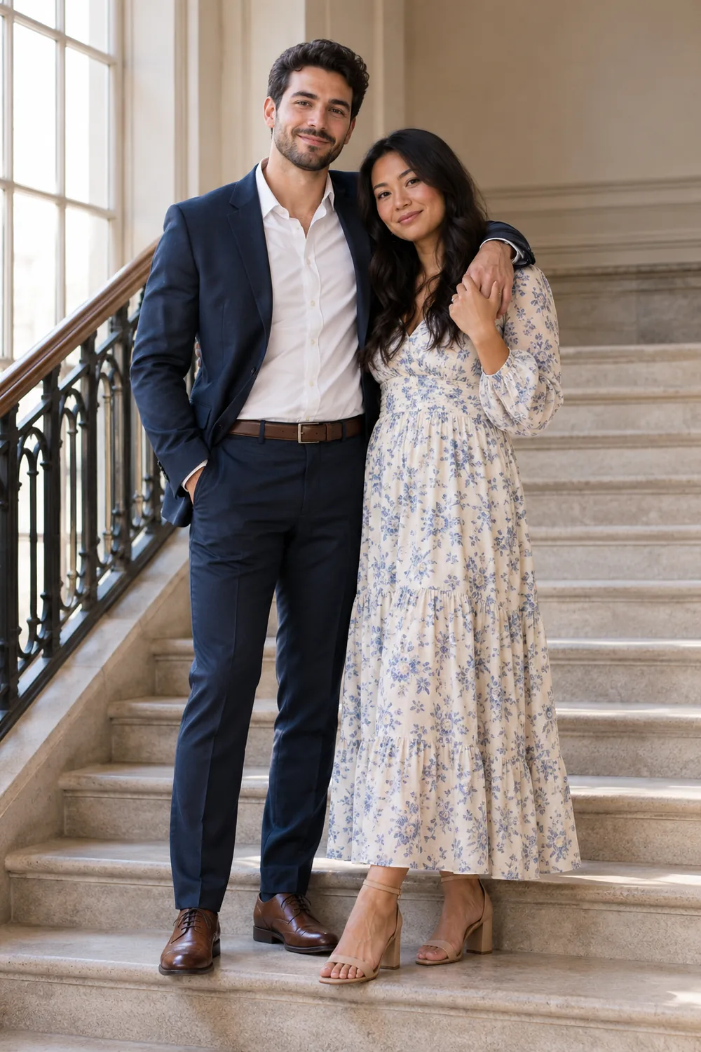 A smiling couple in a dark suit and a long-sleeved floral dress stand arm in arm on a broad indoor staircase.