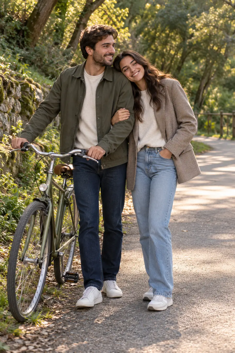Two smiling partners stand close together beside a bicycle on a tree-lined path, with one holding the handlebars and the other leaning against their shoulder.