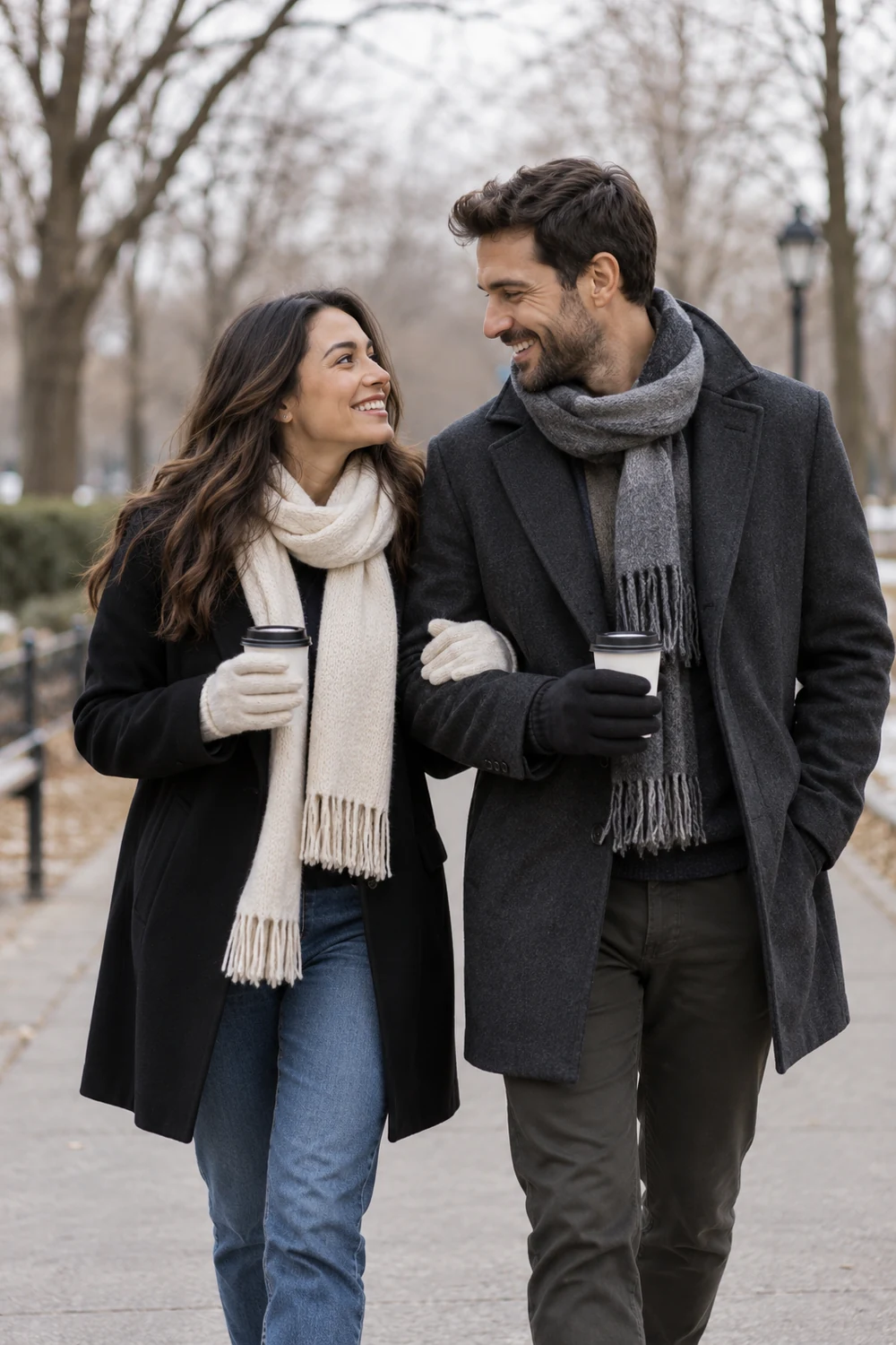 Two smiling partners in dark winter coats, scarves, and gloves walk arm in arm on a park path, each holding a lidded cup.