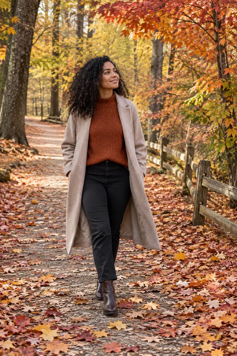A woman in a rust sweater and long beige coat walks on a leaf-covered park path, looking toward colorful autumn trees.