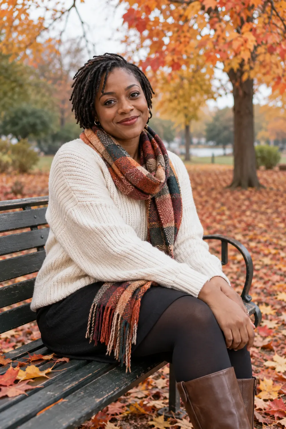 A woman in a cream sweater, patterned scarf, dark skirt, and tights sits on a park bench amid autumn leaves and trees.