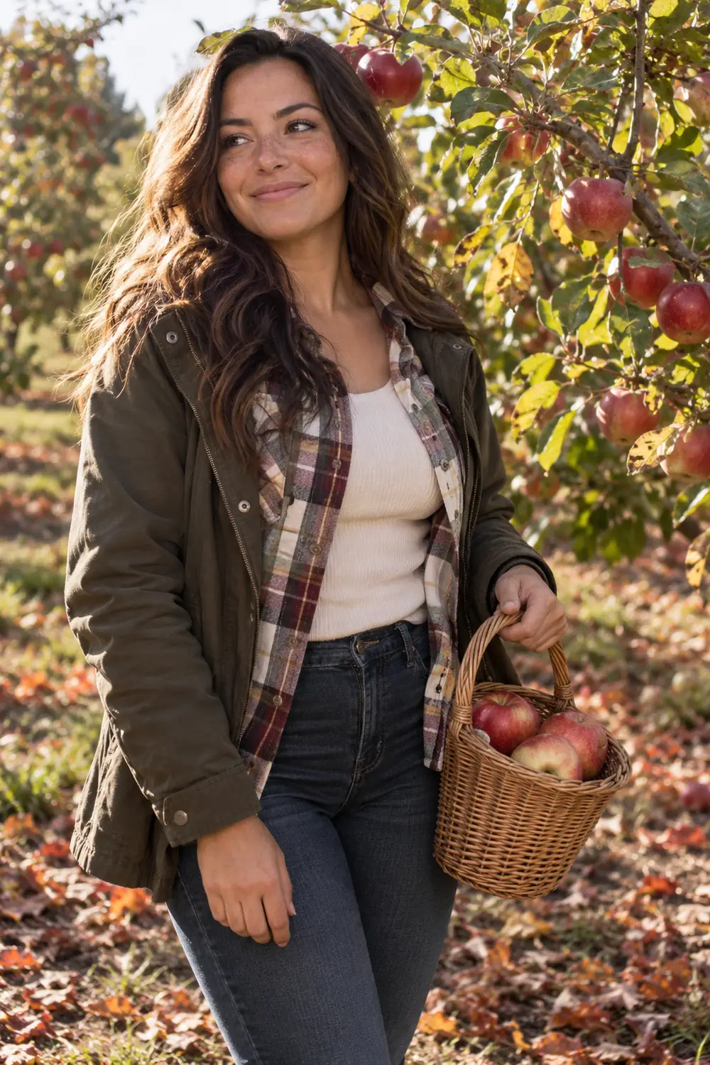 A freckled adult woman in layered fall clothing holds a basket of apples beside leafy orchard branches in warm filtered daylight.