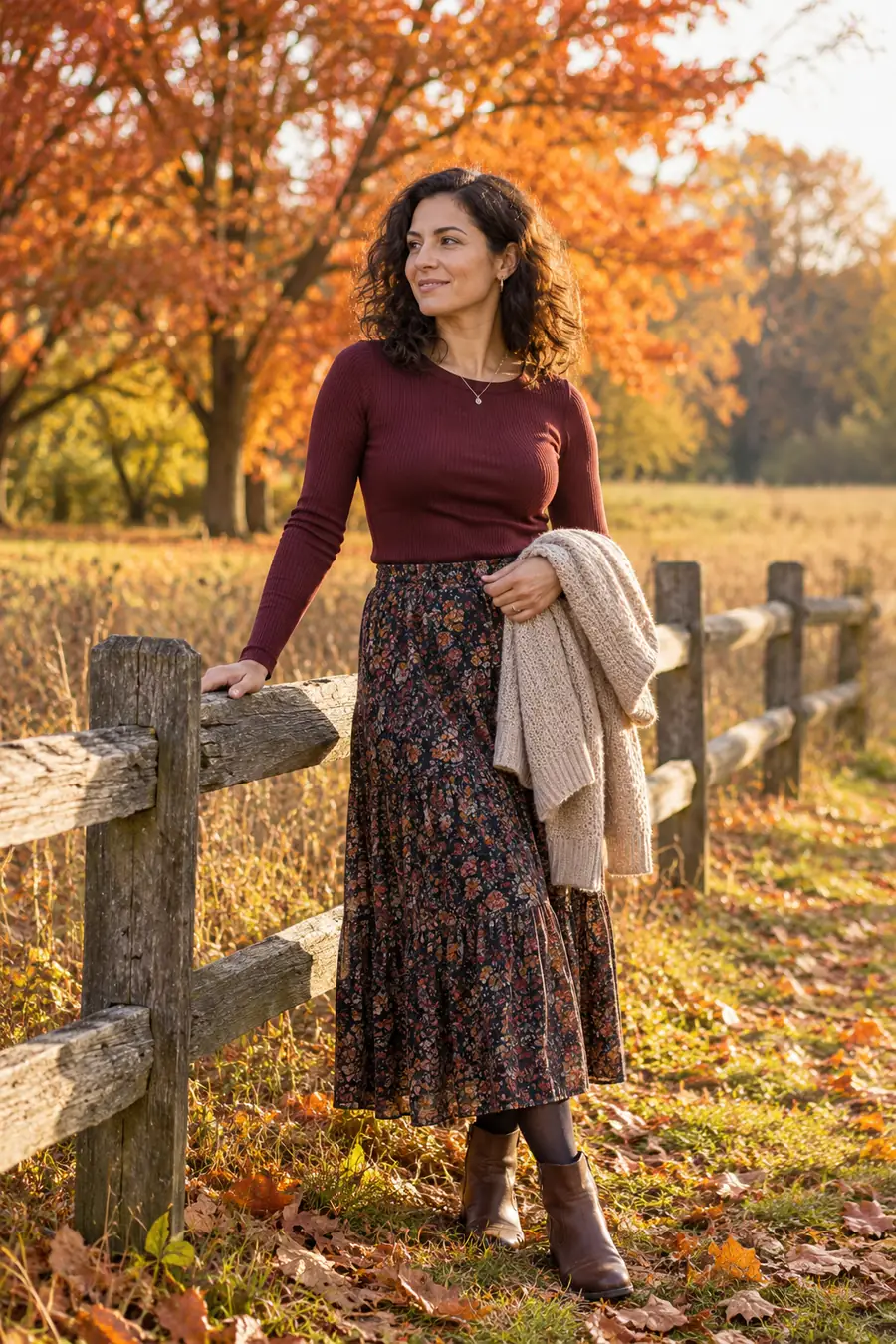 A woman in a burgundy top and long patterned skirt rests one hand on a rustic fence in an autumn meadow, holding a folded cardigan.