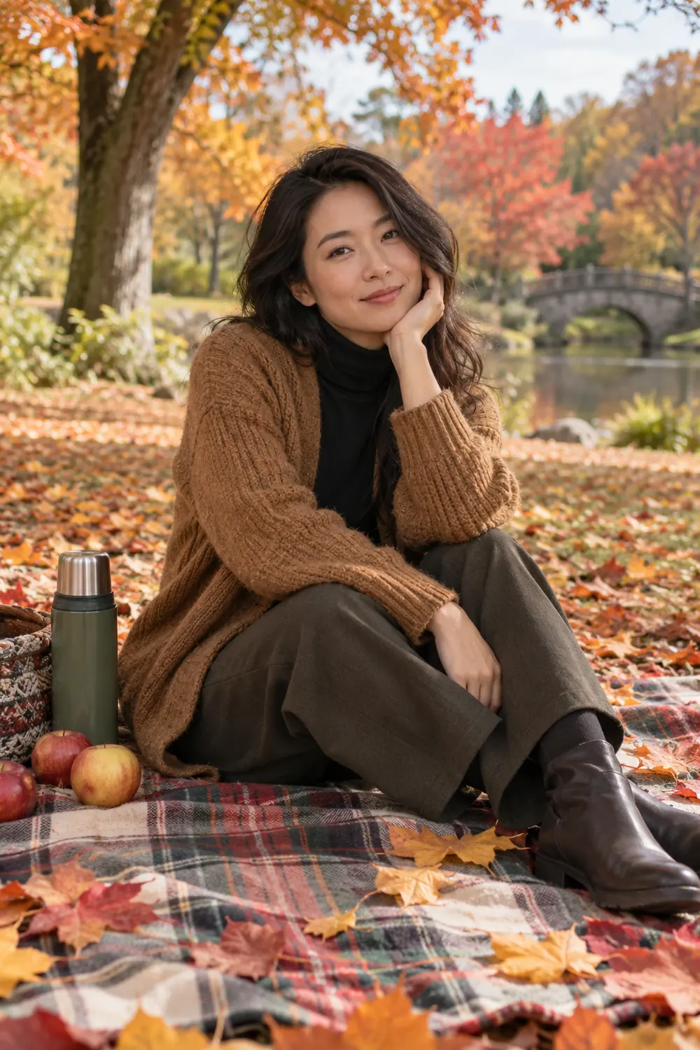 A woman in a dark turtleneck, brown cardigan, and trousers sits on a plaid blanket among autumn leaves, with apples and a thermos beside her in a park.