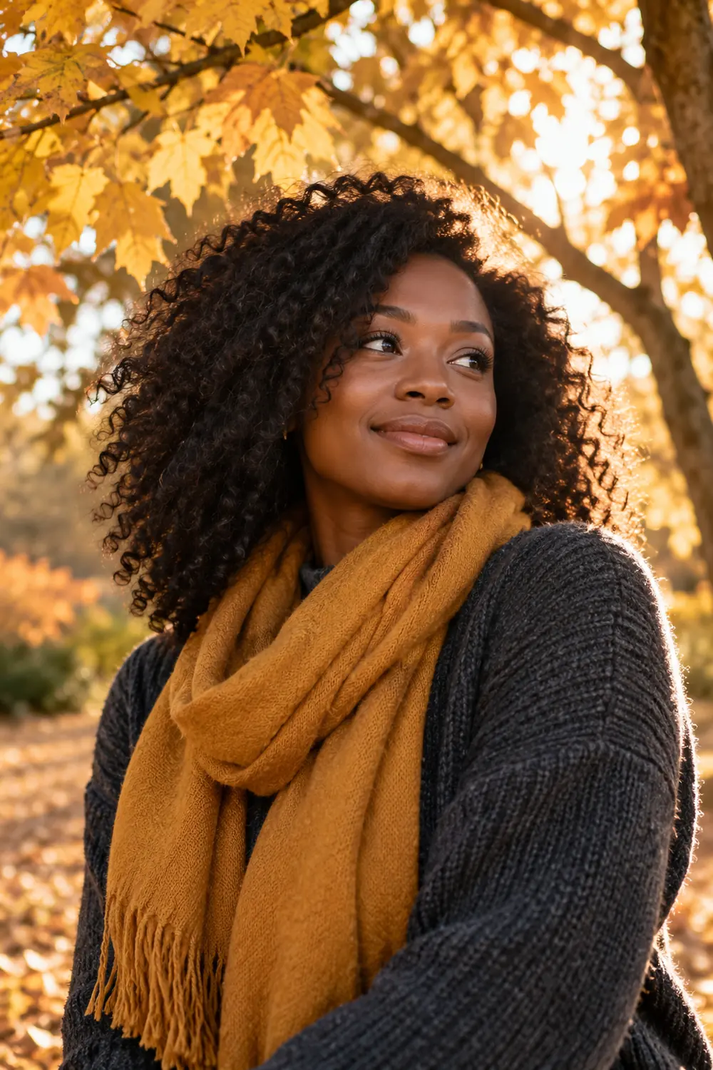 A woman in a charcoal knit sweater and ochre scarf poses beneath golden autumn leaves, looking toward filtered light.