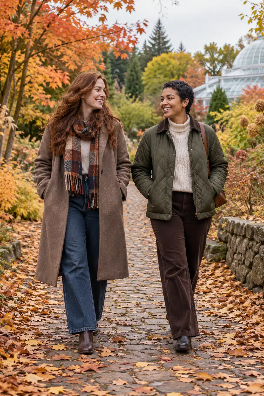 Two adult women in a wool coat and quilted jacket walk together on a leaf-lined botanical garden path beneath colorful autumn trees.