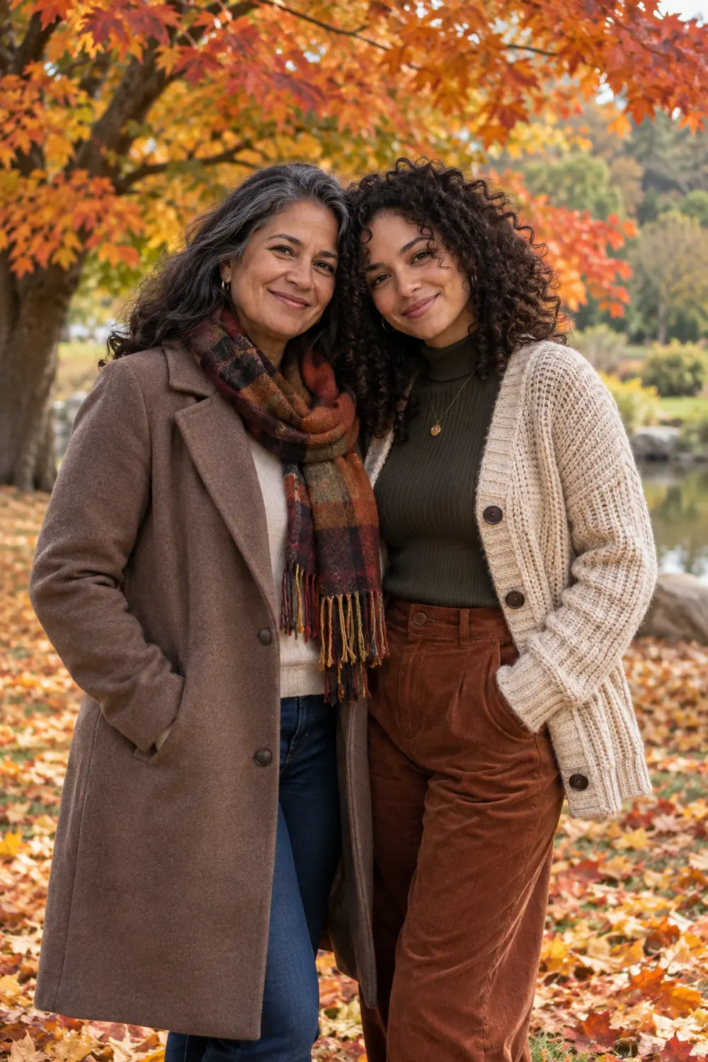 Two adult women, one with gray-streaked dark hair and one with curly dark hair, stand close together in autumn layers beneath colorful park trees.