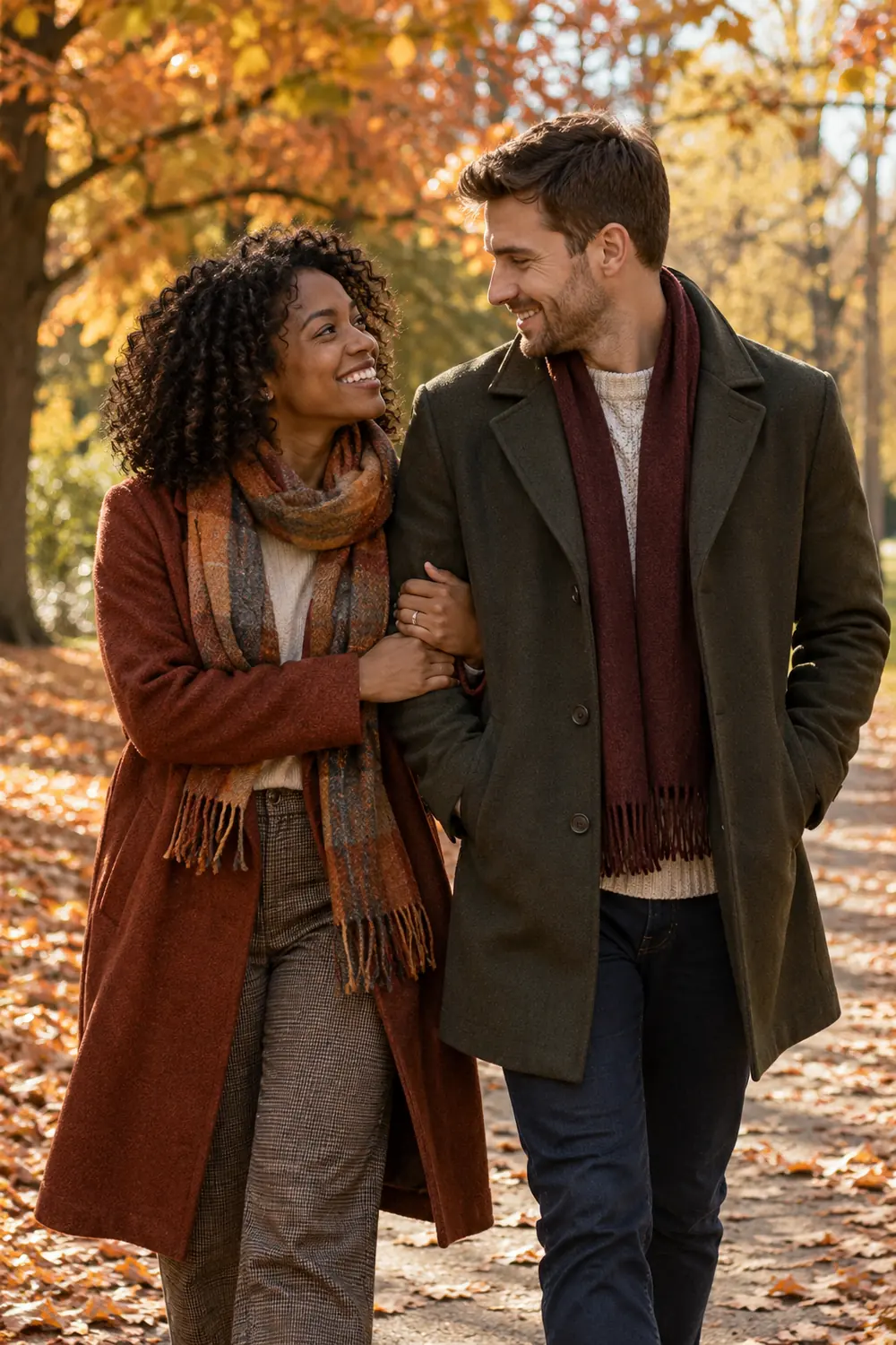 A smiling adult couple stands arm in arm on an autumn park path, dressed in layered coats and scarves beneath golden foliage.