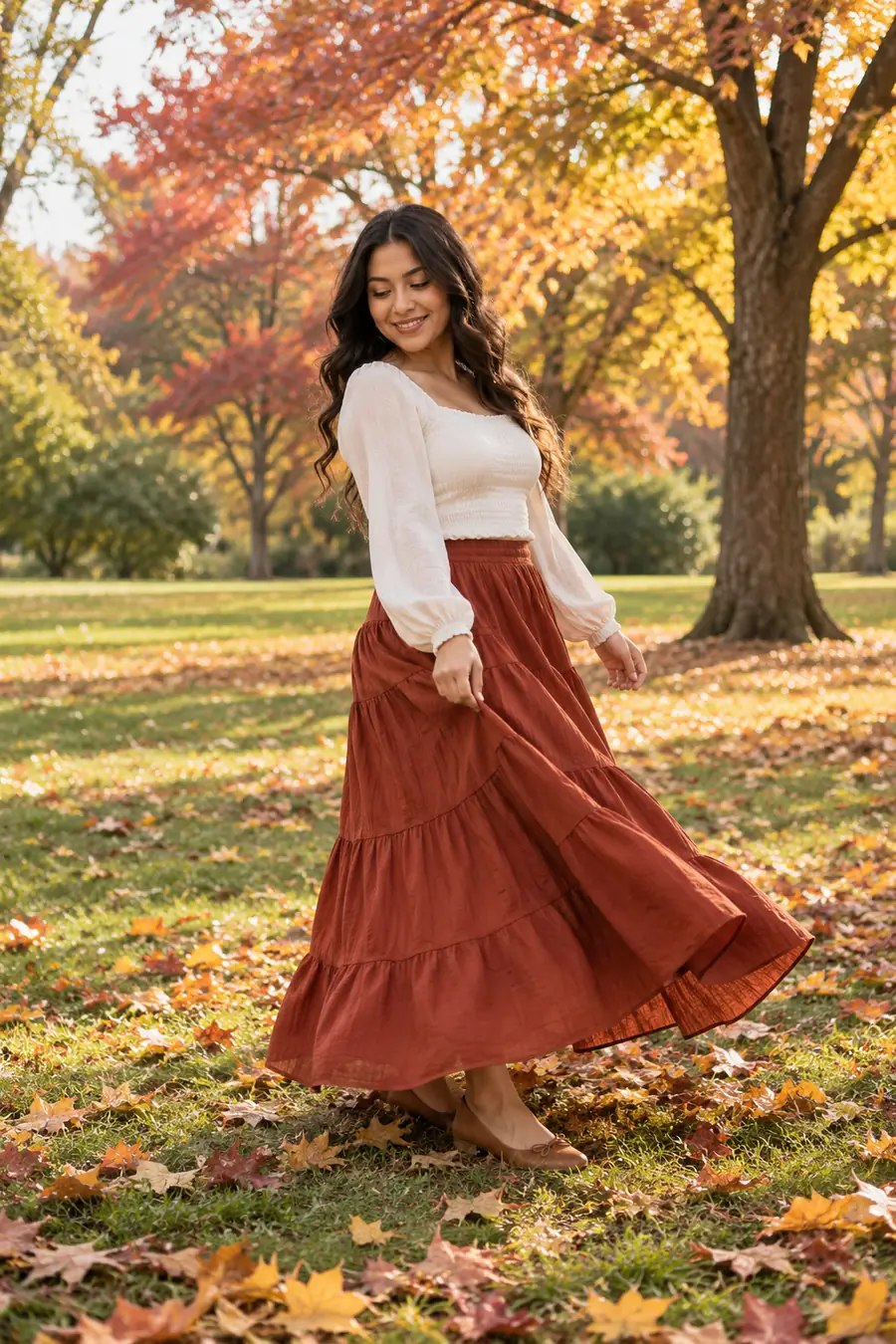 A woman gently turning in a rust-colored long skirt on a sunny, leaf-strewn park lawn.