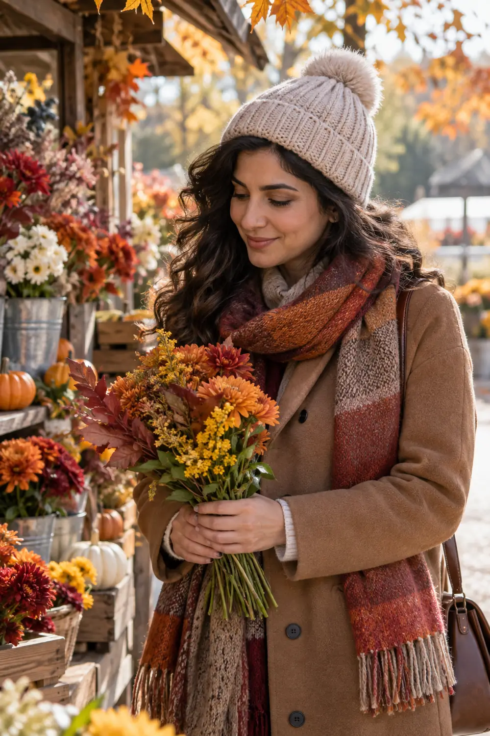 A woman in a wool coat, knit hat, and scarf holds a colorful autumn bouquet at an outdoor flower stand.