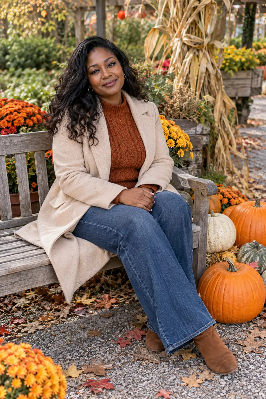 A dark-skinned adult woman in a rust knit top and light coat sits on a wooden bench beside pumpkins in a colorful autumn community garden.