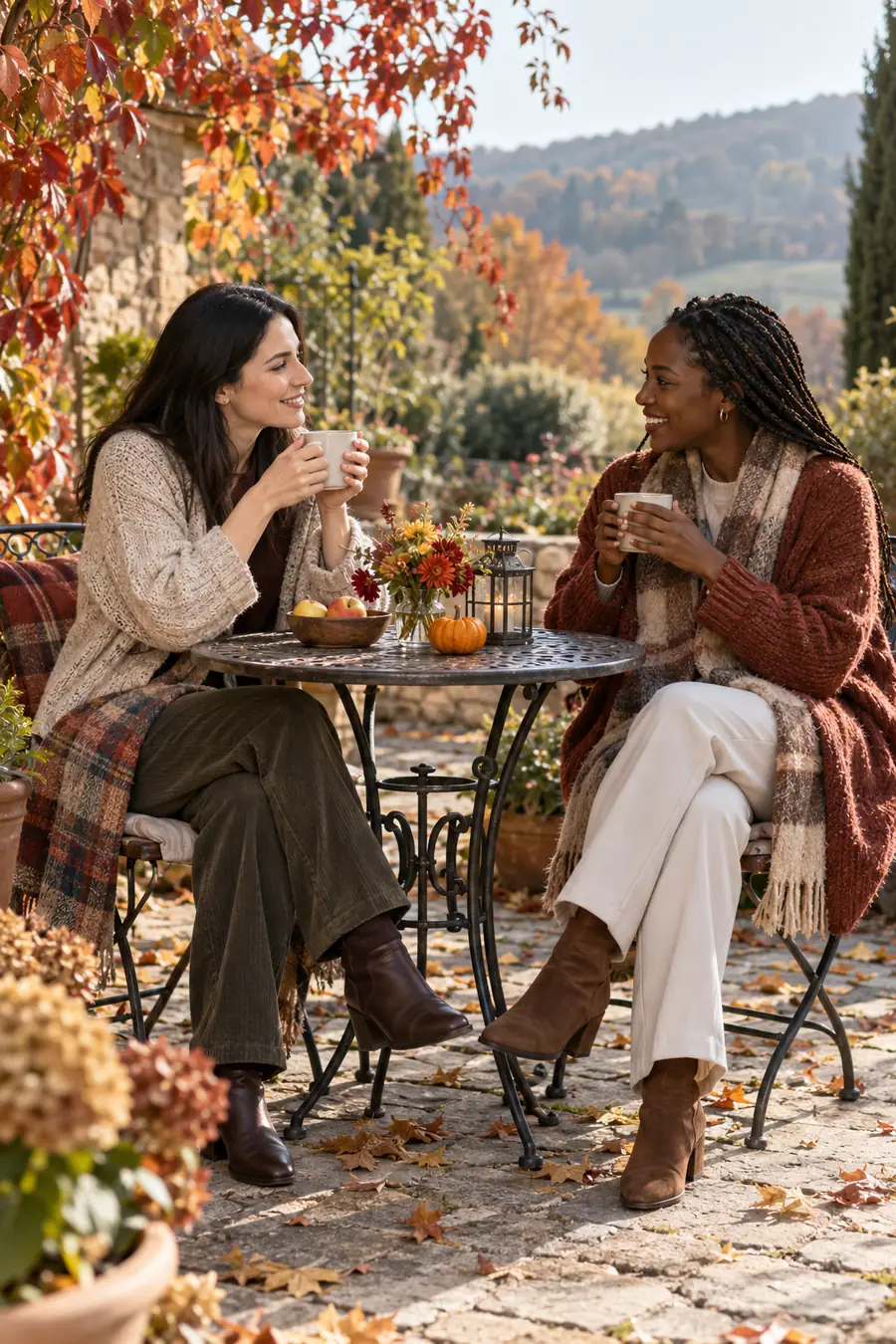 Two adult women in cozy cardigans sit facing each other with plain mugs at an outdoor garden table, surrounded by autumn leaves.